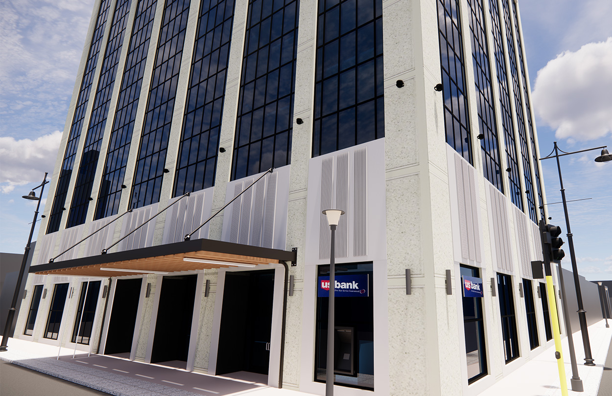 2_us bank building exterior canopy_image + text us bank building amenity renovation architecture interior design workplace