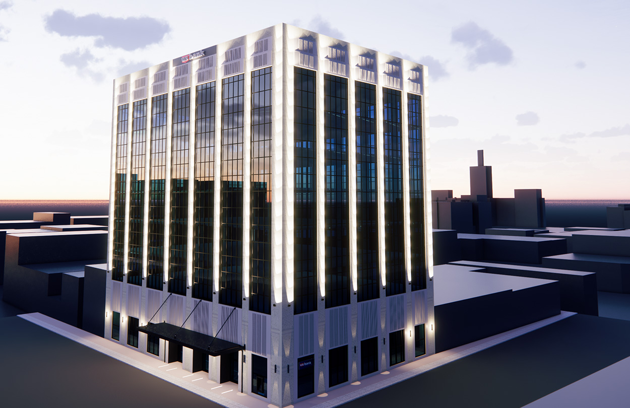 2_us bank building exterior_image + image us bank building amenity renovation architecture interior design workplace